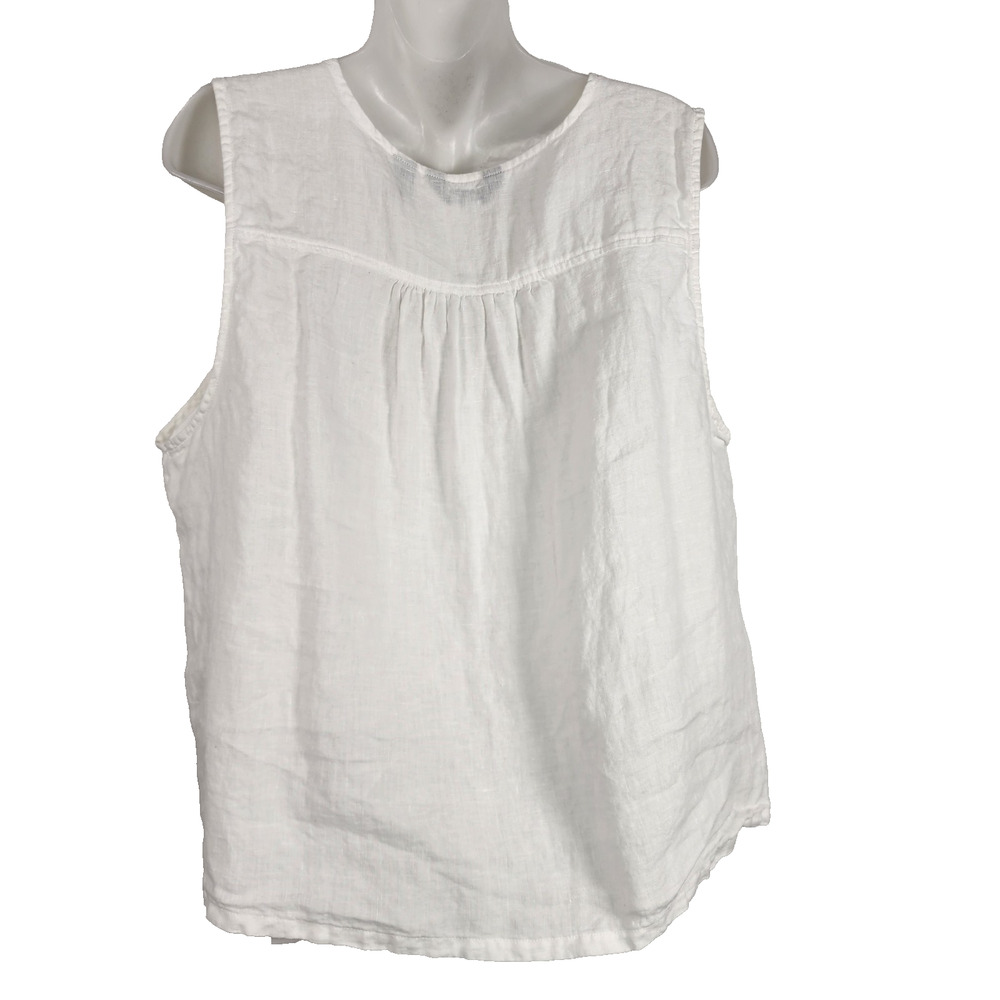 Lands' End Women's Sleeveless 100% Linen Top XL 18 White V Neck Gathered Yoke - Picture 2 of 9
